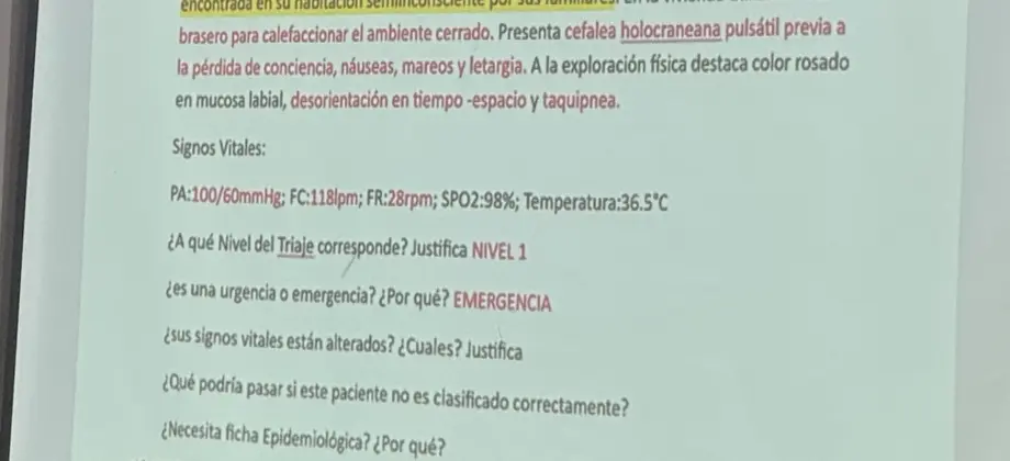 Caso clínico proyectado de intoxicación por monóxido de carbono