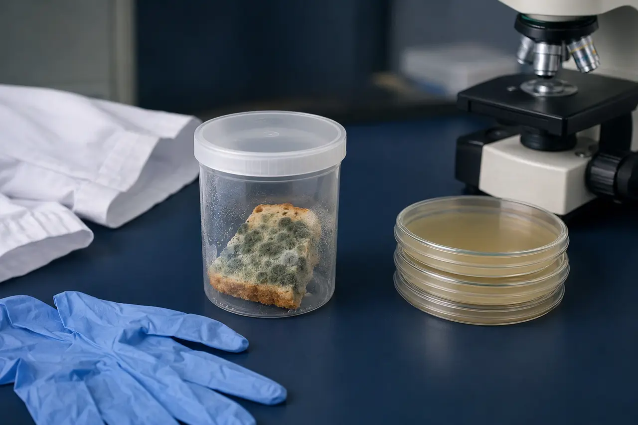 Muestra de pan con moho cerrada junto a placas de agar y material de laboratorio.