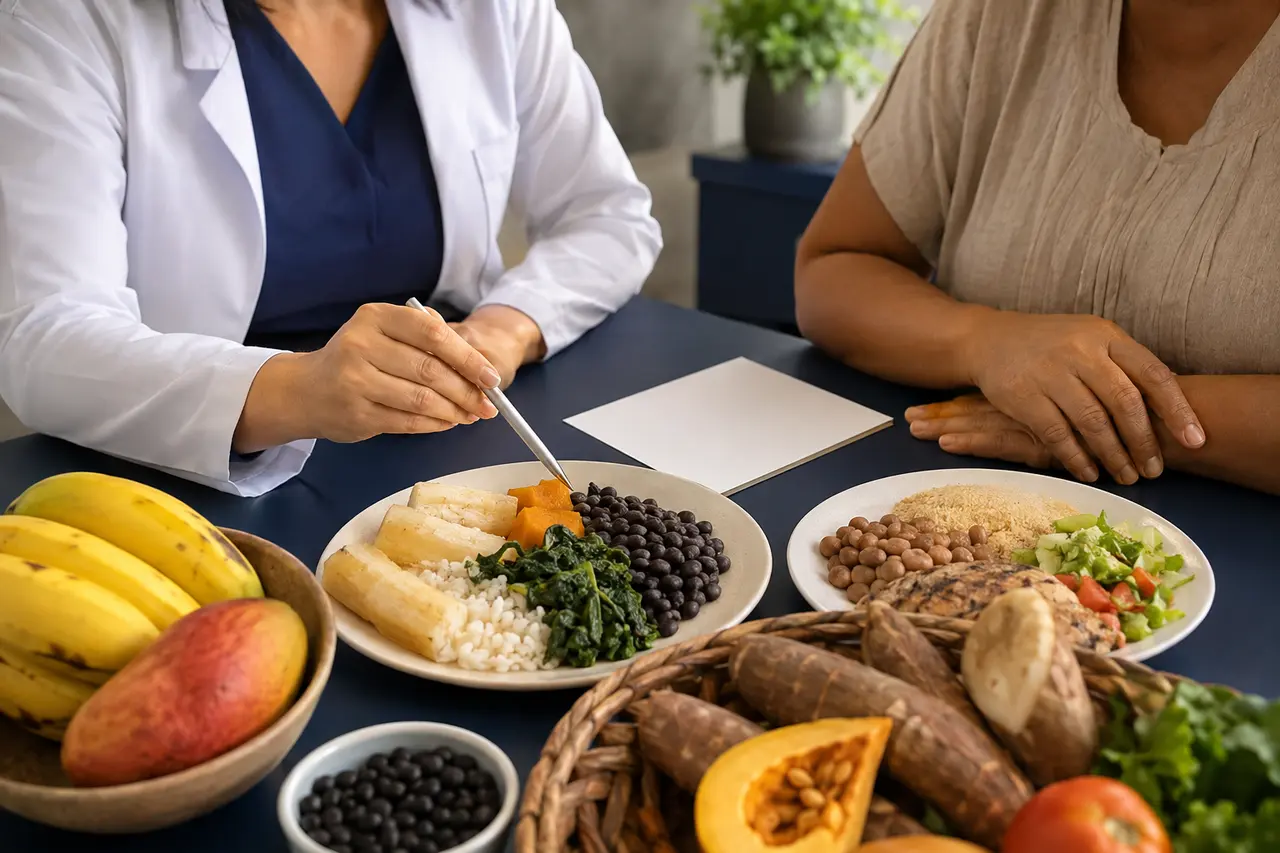 Profesional y paciente adaptando juntos una alimentación con alimentos locales.
