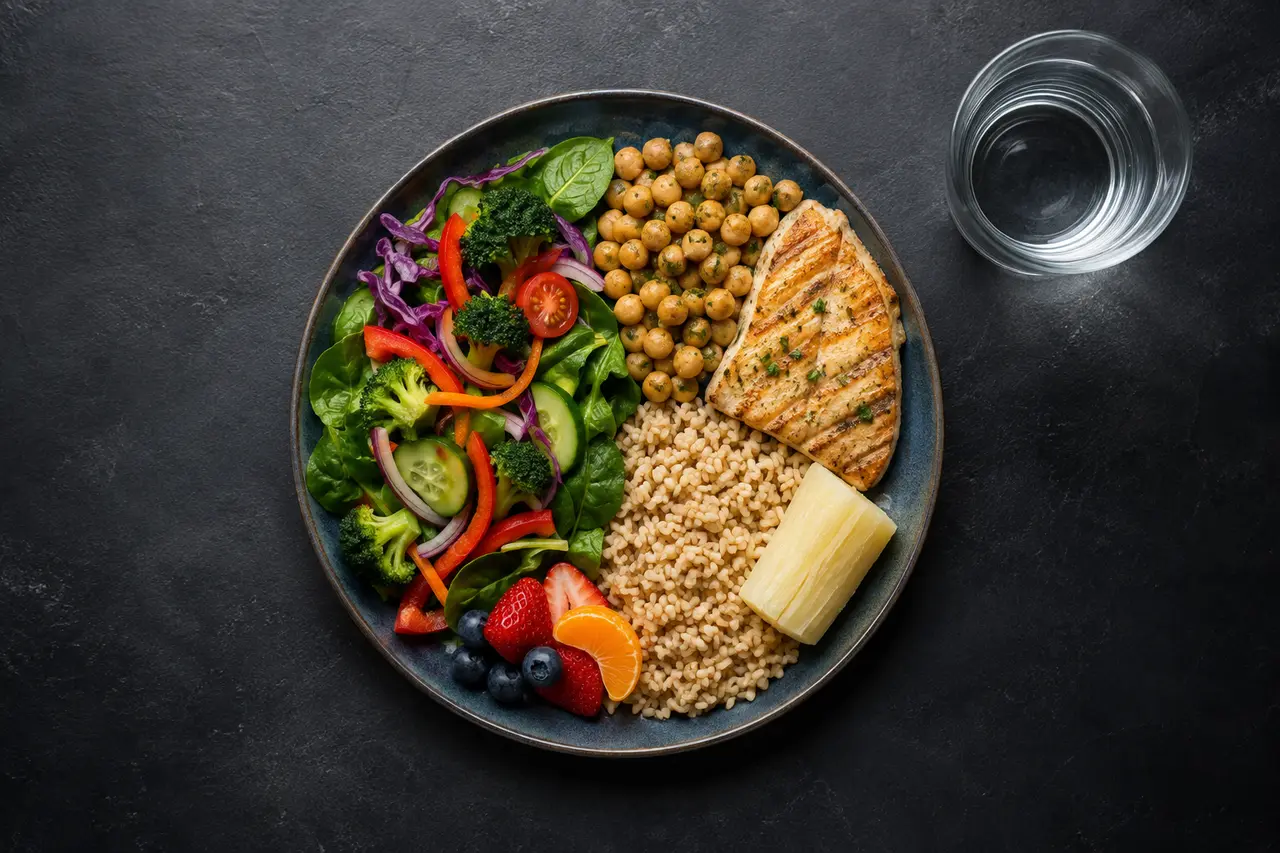 Plato con verduras, fruta, proteína, legumbres, arroz integral y mandioca en proporciones equilibradas.